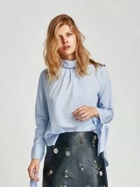 Zara Pastel Blue High-Neck Tie-Cuff Blouse